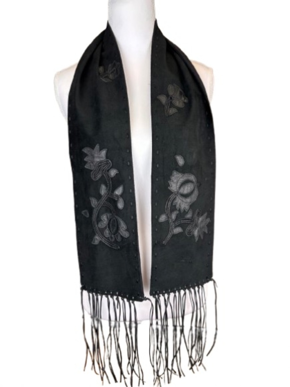 Vintage Natori Leather Fringe Scarf Pashmina Silk Lined Boho Floral Western Y2K